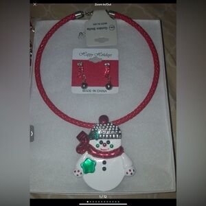 Festive Snowman Necklace/Brooch and Earrings Set 3 pc vintage signed new
